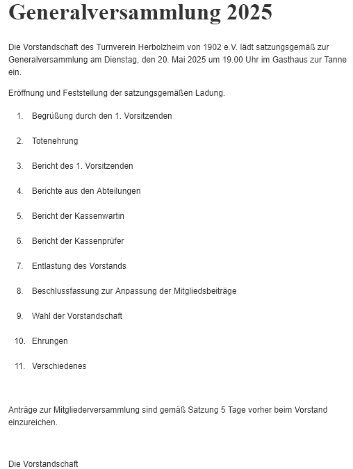 Agenda TVH Generalversammlung